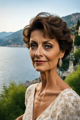 Act like a fashion photographer. Create a realistic photograph of a small Italian town at Como Lake in late spring with a 45-year-old, young look as her age, beautiful, slim Italian woman in Sophia Loren style with short hair and black eyes. Use a wide lens and a Fuji T30 camera for mild light, warm, golden hour photos from a distance, elegant red dress, romantic pose, Richard Avedon style