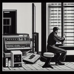 A man in Soviet Russia playing with a synthesizer and a tape machine in the style of Edward Hopper.