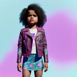 Zazie beetz toddler, full body, leather jacket, floral shirt, floral skirt, Nike sneaker, soft skin, city background, dramatic lighting, hyper realistic