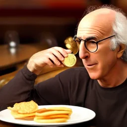 Larry David eating a gold medal at Denny's