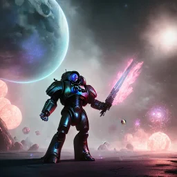 Medium shot Epic Character design, strong Alien Male galaxy void soldier wearing metal armor, mist, photorealistic, octane render, unreal engine 5 style, ultra detailed, volumetric lighting, Dark Alien planet, Space marine