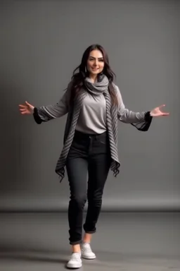 full body of very beautiful girl pants and jacket , curvy hair with lace scarf ,standing idle pose in studio pretty makeup,perfect face