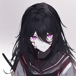 Clear focus, High resolution, rough line sketch art, long black hair, hair between eyes, fluffy hair, purple eyes, wearing a black and red sailor uniform, dark aura, mad, holding katana, bloody mess, glowing eye, looking down on viewer