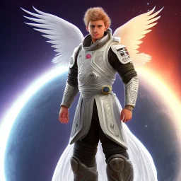 The first image is of the main character's full body. He’s to look like a powerful angel, symbols on his hands glowing, His background should be that of space above with stars and standing on a paradise of a planet. His belt can transform into a white dragon.