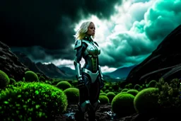 Wide angle photo of a sci-fi woman with blond hair, silver and black futuristic spacesuit looking android-like, standing on a derelict alien jungle planet with cloud trees in multiple green hues