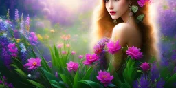 bright fairy, beautiful portrait, flowery landscape