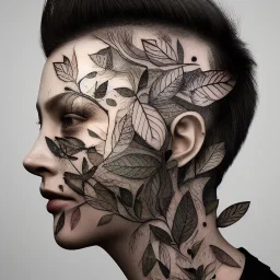 "full face tattoo of leaves and gnarled branches extending past face and morphing into reality, 8k resolution, high-quality, fine-detail, muted colors,intricate, digital art, detailed matte, volumetric lighting, illustration, octane render