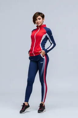 A full-body shot of a beautiful iranian lady wearing sports suit red bluose ,short hair