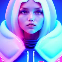 blonde woman teenager, padded coat, retro futuristic, latex dress, gradient color, BLUE, PINK, CYAN, neon, insanely detailed, 16k resolution, perfect eyes, cinematic smooth, intricate detail