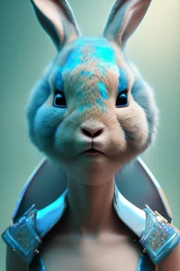 Portrait Sweet Rabbit ceramic mask, bubbles, cyan suit, photo studio, black background, unreal engine 5, concept art, ray tracing, lumen lighting, ultra detail, volumetric lighting, 3d.