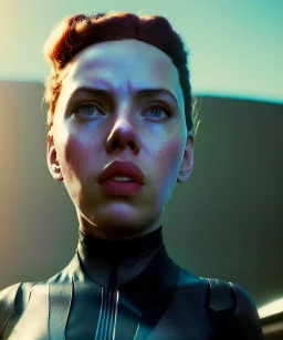 retro sci-fi portrait image from 1960, supermarket parking explosion, fire, classic black widow, young Scarlett Johansson, tight lycra suit, soft color, highly detailed, unreal engine 5, ray tracing, RTX, lumen lighting, ultra detail, volumetric lighting, 3d, finely drawn, high definition, high resolution.