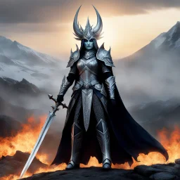[very impressive high res masterpiece in Kodak Eastman 5247, scene by László Krasznahorkai] The lich-queen githyanki wizard stands on the hill with her silver skin, gleaming armor, and razor-sharp flaming sword. her fierce and cunning psionics powers, hailing from the Astral Plane, she Githyanki lich-queen strikes fear into the hearts of her enemies on the battle with her piercing, lava-like eyes. She is Born Ready
