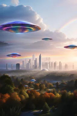 ufo rainbows, cité cristal très futuriste ultra moderne, ufos fleet, intergalactic, dômes de cristal