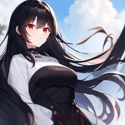 Clear focus, high resolution, black long fluffy hair, red eyes, wearing a cute outfit