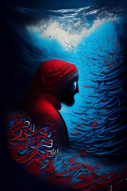 A person drowned in the depths of the seas of the imagination of Arabic poetry, surrounded by calm waves, scattering Arabic letters guiding him to the light, gradations of blue with gradations of red