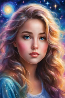 Masterpiece, best quality, oil pastel style, oil pastel painting, beautiful lovely eyes, cute, painted by Thomas Kinkade, very detailed, high quality, 4k. Cute girl looks at the stars glowing, bright light hair, beautiful lovely eyes, beautiful night sky and glowing, she has enough strong imagination, fantasy and colorful world, vibrant colors.