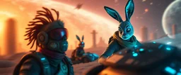 portrait with bluegreen bunny man squad with indian skin, space race on mega vehicle, From the shadows, they rise, with a spark in their eyes, Ethereal echoes of a world we once knew, With the glam and the glamor, we reach for the skies, Cosmic rhythms pull us through, [Chorus] Suti came for our world, with the power to ignite, Dancing through the stars, we find our light. motion blurred background of ancient space ruins