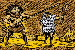 Pop Art, caveman holding a club, cave, cave bear, campfire, stone age, dawn, fine detail, high quality,