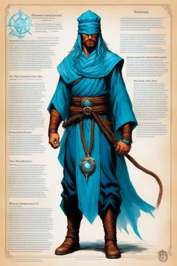 character concept sheet with AD&D statistics and characteristics, [illustration by Jeff Easley] blindfolded mystic character class: use rough, textured robes with a rope belt, have glowing cyan runic tattoos during the training and when levelling up, special power: deep meditative trance, telekinesis