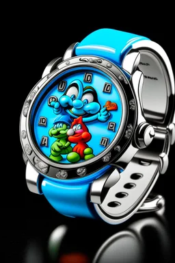 ""Imagine a Smurf Watch designed for the fashion-forward Smurfs, incorporating vibrant colors and intricate details, with each Smurf character depicted in a unique pose on the watch face."