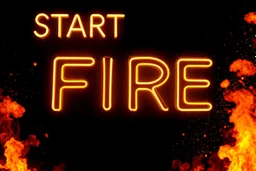 a very big yellow neon sign that say "START THE FIRE!" , black background, fires and sparks, fire explosion