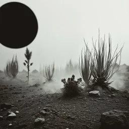 A striking quality Kodak photograph captures a wasteland with oddities and group of plants, creepy, details of the dust very accentuated, Yves Tanguy, Ernst Haekel, glossy organic mass, adorned with minerals and rocks. Bathed in intense light, eerie, Max Ernst style, black sun, fog