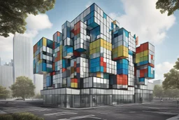 Surreal Office building that is designed like a mixed up Rubiks Cube, concept art, hyperdetailed