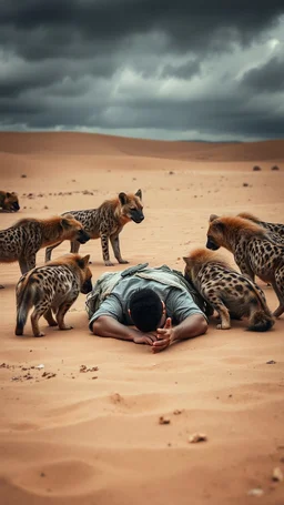 A man laying down on the floor in the desert sands surrounded by hyenas tattacked him and he is laying on the ground to defend himself one of the hyenas attack him from the back and he felts on the ground , stormy weather and cloudy gray depressive rnverment