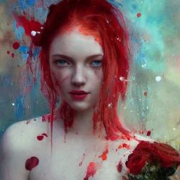 Red, beautiful redhead girl, roses, paint splatter, Jeremy Mann, Pino Daeni, Alphonse Mucha and Alex Maleev and Liz Gael, oil splash, Paint Strokes, Ink Drip, a masterpiece, 8k resolution highly detailed intricate, black_lineart, sharp focus