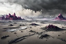 An image of an ancient battlefield located on a flat plain, covered in gray ash. Scattered across the battlefield are remnants of human warriors, weapons, and armor, all clearly lifeless. Prominently featured is the skeleton of a dragon with big horns and wings, half buried in the ash. Ash flakes float in the air like gray snowflakes, partially obscuring and dimming the sun, creating a somber and eerie atmosphere. Fantasy setting.