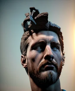 Gran angular, Realistic image, roman sculpture, marble material, Lionel Messi with Laurel wreath model, miguel angel style, emperador, God light, god rays, 4k resolution, perfect details, ornate details, soft lighting, unreal engine 5, soft cyan background.