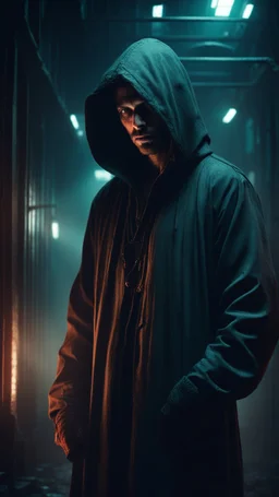 Si-Fi, a skilled hooded man , Dr. Moreau Prison, atmospheric lighting effects, intricate industrial details, moody atmosphere, eerie grimdark ambiance, complex motherboard accents, speculative fiction art. Bokeh