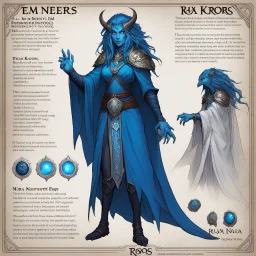 monster concept sheet with AD&D statistics and characteristics: The Great Nema of Ruxa Koros, revered for beauty and power, wields ancient magic. Her eyes hold wisdom, robes shift magically, and hair cascades like midnight. Known for blue eggs symbolizing new beginnings, she commands respect and mystery. In the Fiend Folio, she is a Level 20 Sorcerer with divine knowledge and formidable abilities, a force to be reckoned with in the world of AD&D.