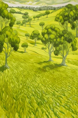 A pale yellow filed with olive trees designed in Australian aboriginal art painted by Vincent van Gogh