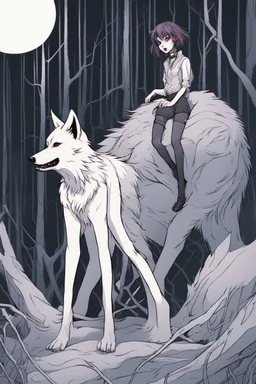 vampire girl showing fangs with short cropped cyberpunk hair wandering with her wolf in tangled forest in the moonlight