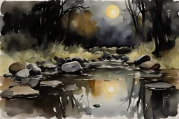 Night, rocks, puddle, gothic horror movies influence, puddle, epic, john singer sargent watercolor paintings