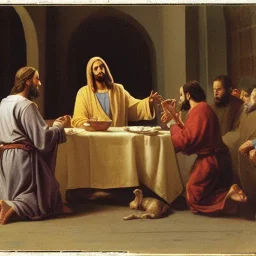 Jesus breaking bread and handing it to a disciple