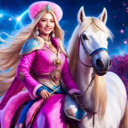 (masterpiece, best quality, 8k, RAW photo, beautiful and aesthetic:1.2), complex detail, Indirect light, photorealistic, (((full body))), 2 Gorgeous Cosmic russian asian goddess smiling, long curved blonde hair, blue eyes, Mixed, sci-fi and traditional russian outfit with pink velvet and white furs and chapka, on a horse companion, a colorfull Sci-Fi environment