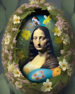 the Mona Lisa on an Easter egg in a nest of flowers