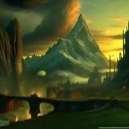 Epic Drawing of mordor scenery with Orcs of The Hobbit estilo Van Gogh 4k