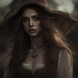 Witch with long brown hair and eyes, heart shaped lips, wearing dress and robesintricate details, HDR, beautifully shot, hyperrealistic, sharp focus, 64 megapixels, perfect composition, high contrast, cinematic, atmospheric, moody