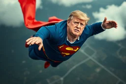 a thoroughly confused, frail, elderly and obese donald trump flying through the air dressed as superman
