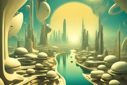 view of a futuristic city in the style of Dali