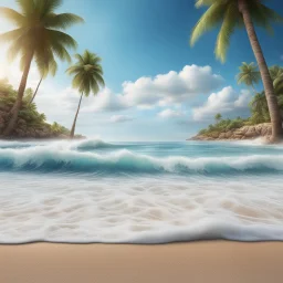 Hyper Realistic sea waves & seashore beach with blue sky & palm trees