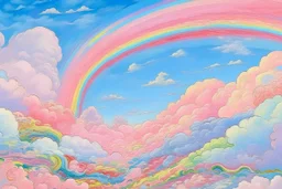 A light pink dream like sky with clouds and rainbows painted by Claude Monet