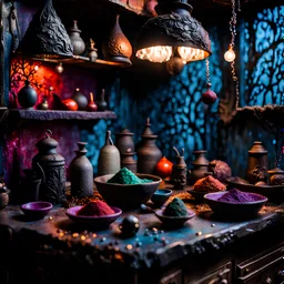 Detailed creepy kitchen made of modeling clay, naïve, Tim Burton, strong texture, extreme detail, Max Ernst, decal, Amano, rich moody colors, sparkles, bokeh, odd