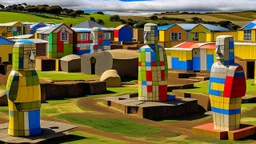 A tan Australian hilly town designed in Moai statues painted by Piet Mondrian
