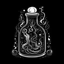 Make black and white cute drawing of a Magic Potion Bottle with black bold lines. Only outline, no grayscale. A quirky bottle with a glowing liquid inside. Add bubbles rising to the top, and give the bottle a whimsical cork with patterns and a tiny charm tied around its neck.