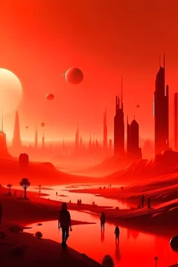 paisaje: ciudad futurista con muchos edificios y personas, atardecer rojizo, poca vegetación, cielo con humo y signos de contaminación, objetos y vehículos futuristas