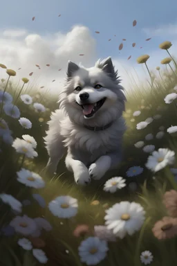(((Animagine style))), (((Anime 90 style))), Cute grey dog with fluffy and sleek fur trotting through a field of flowers, hyper-realistic